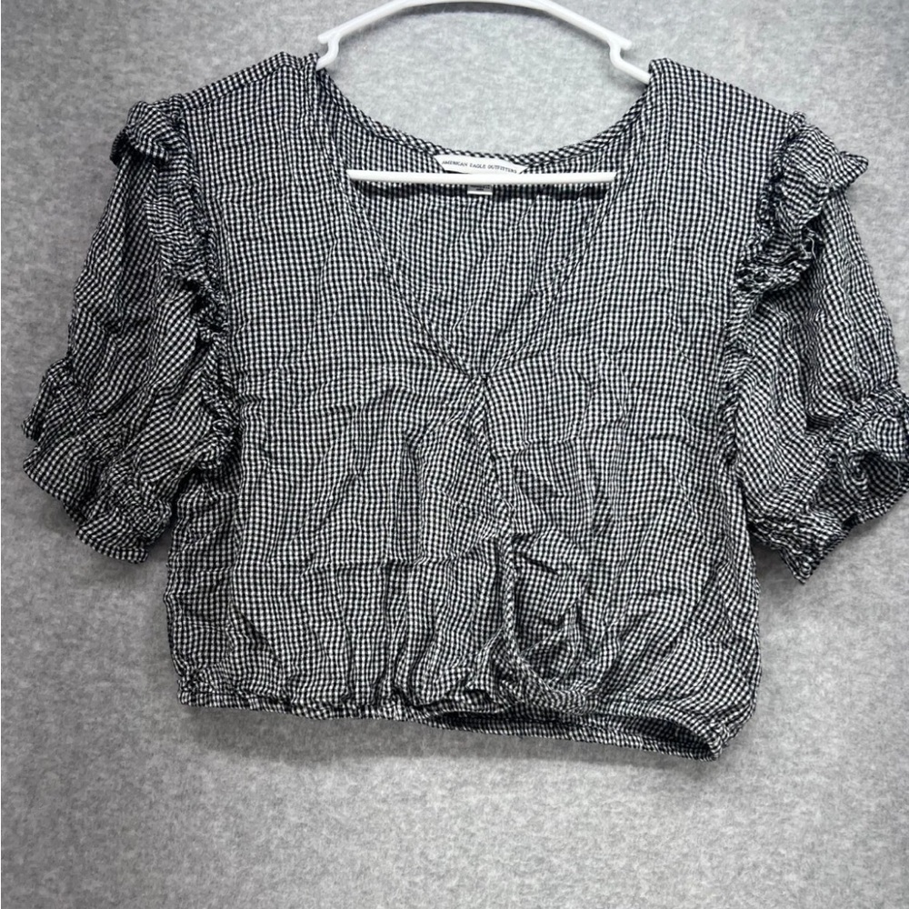 American Eagle Outfitters Black and White Checkered Ruffle Blouse
